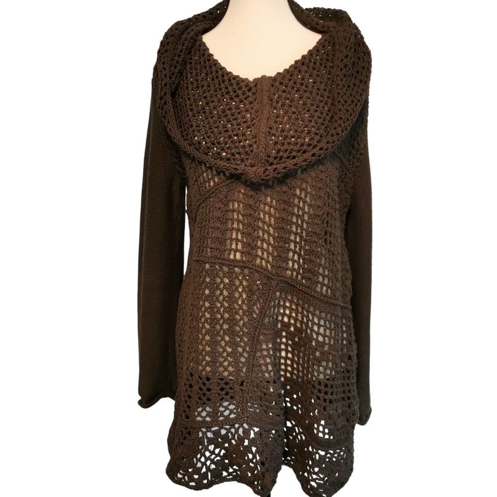 Anthropologie Pure Handknit Long Sleeve Lace Sweater Brown Sz S/M Open To Offers
